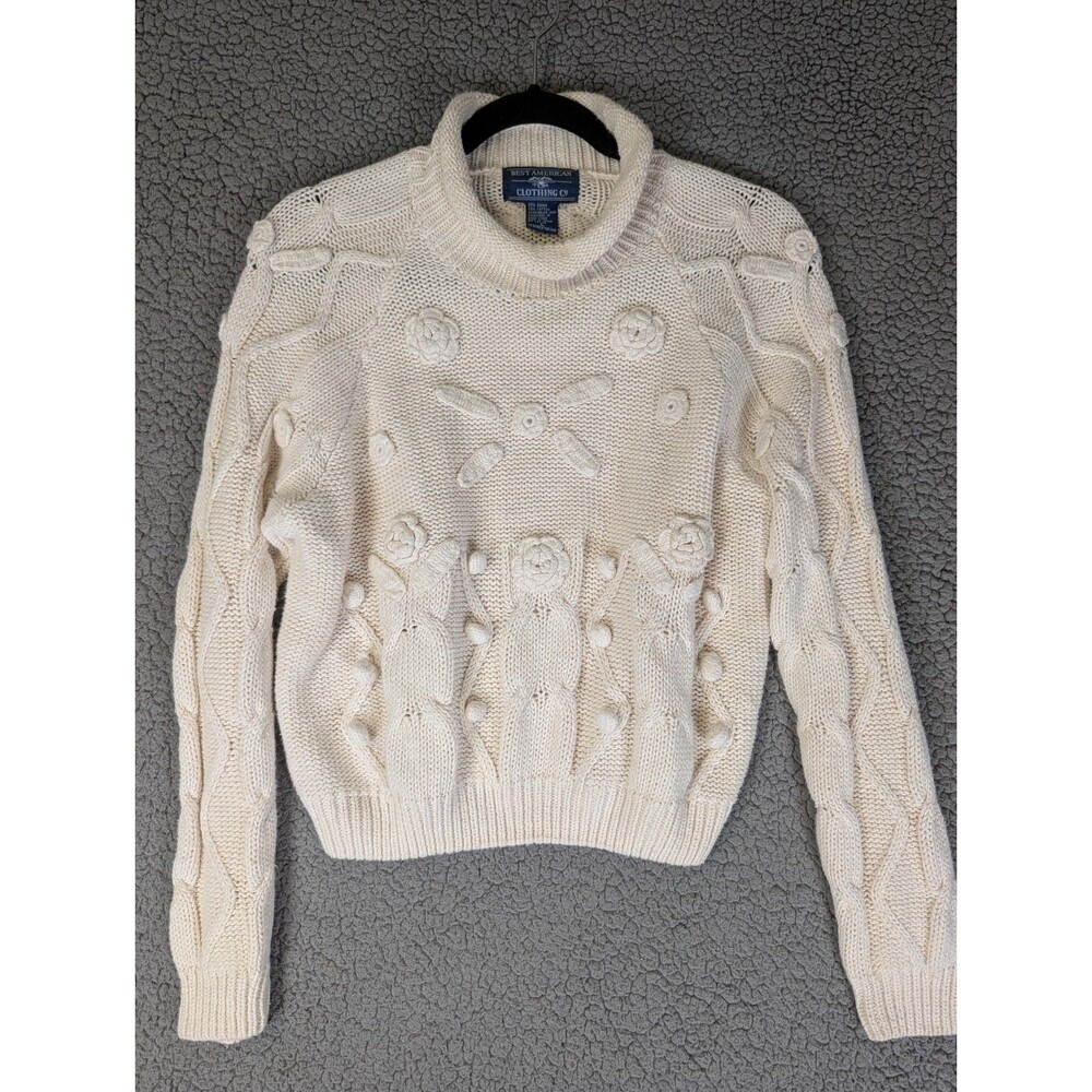 Best American Clothing Sweater Lrg Cream Knit 3D Flower Floral Bobble Roll Neck